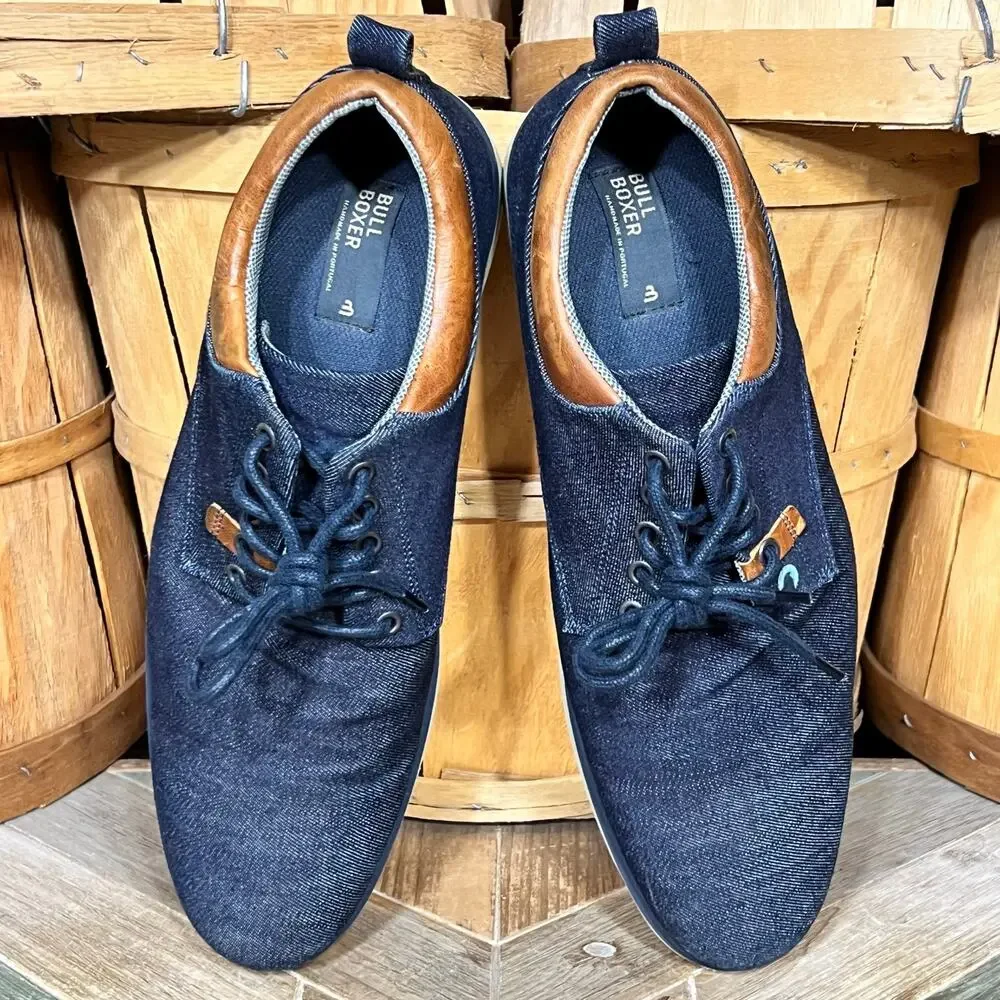 Bull Boxer Justyfi Denim Navy Canvas Tan Leather Casual Oxfords Mens Size 13